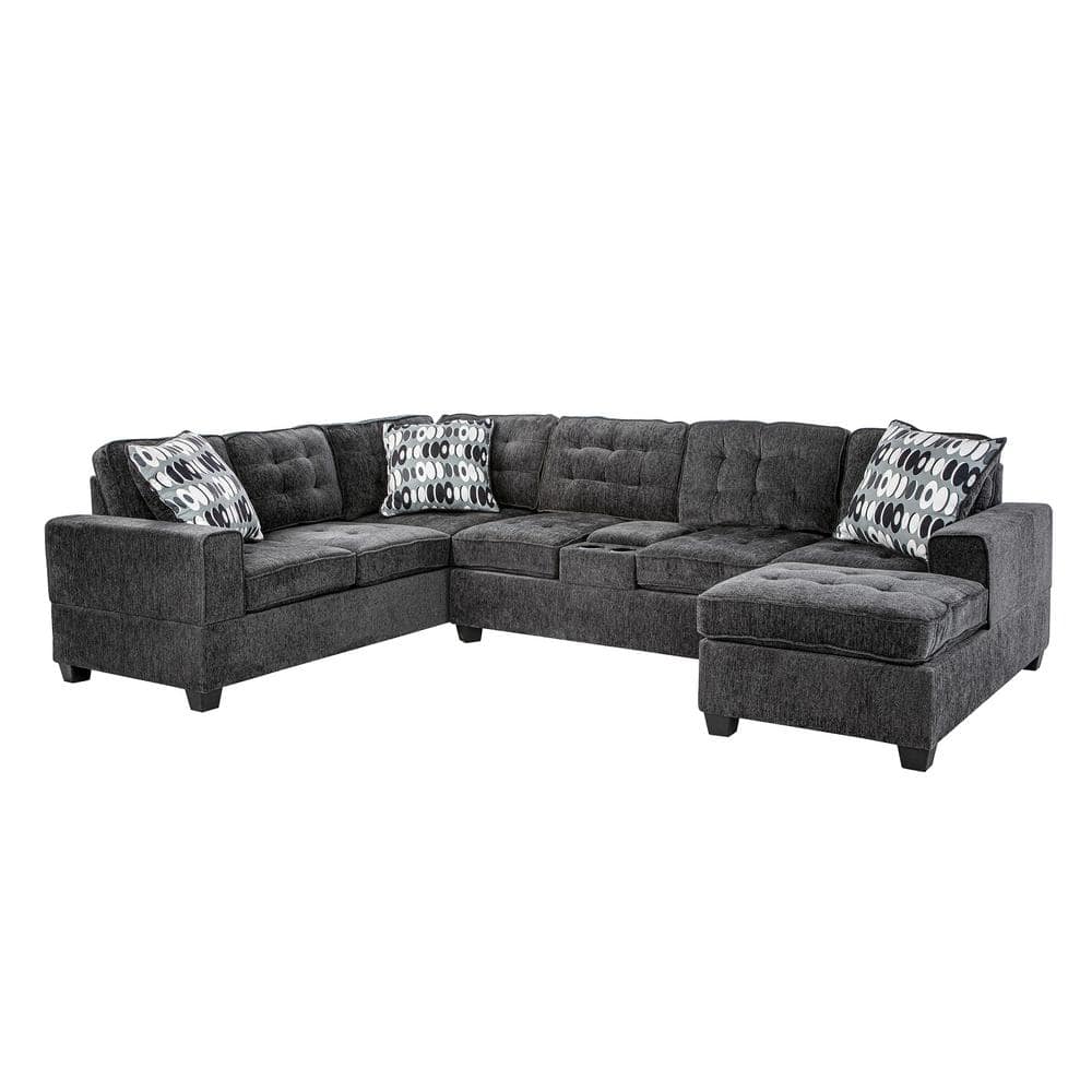 Oslo 123 in. 3-piece Chenille U-Shaped Sectional Sofa in Dark Gray with Cup