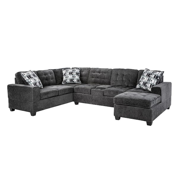 AndMakers Oslo 123 in. 3-piece Chenille U-Shaped Sectional Sofa in Dark Gray with Cupholders