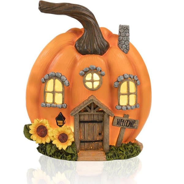8.5 in. Light-Up Fall Fairy Garden Pumpkin House: Resin Harvest Figurine for Outdoor Porch/Yard and Indoor Tabletop