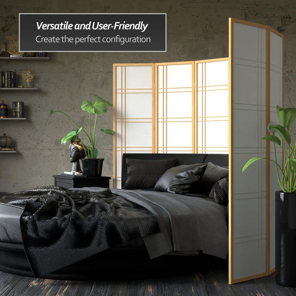 Natural Wood and Shoji Rice Paper 4-Panel Room Divider