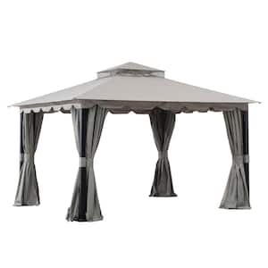 Athenea 11 ft. x 13 ft. Gray Steel Gazebo with 2-Tier Hip Roof and Mosquito Netting