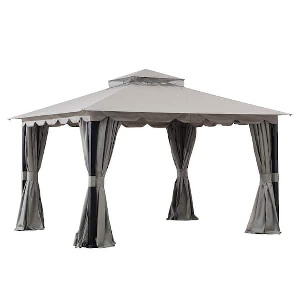 Sunjoy Athenea 11 ft. x 13 ft. Gray Steel Frame 2-Tier Hip Roof Gazebo with Ceiling Hook and Mosquito Netting