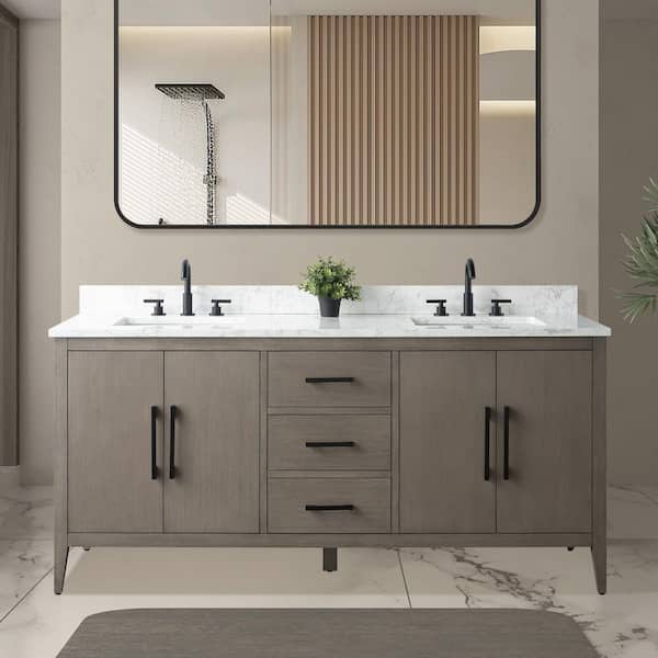 72 in. W. x 22 in. D x 34 in. H Double Sink Bathroom Vanity Cabinet Driftwood Gray with Engineered Marble Top in White