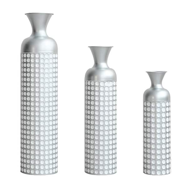 33 in. Silver Large Glazed Metal Cylinder Floor Embossed Nested Decorative Vase 3-PC, for Living Dining Room Bedroom