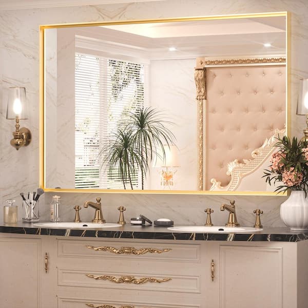 48 in. W x 30 in. H Rectangular Aluminum Square Corner Framed Wall Mount Bathroom Vanity Mirror in Brushed Brass