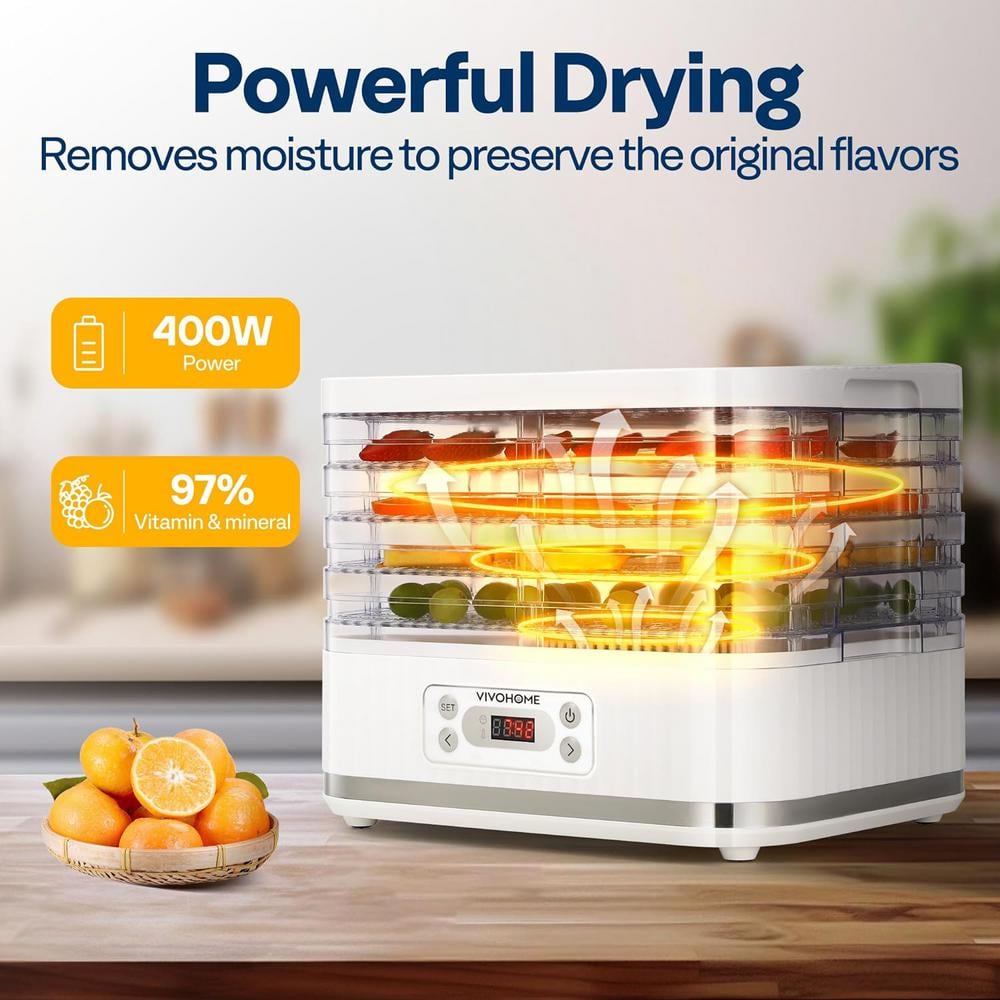 White 5-Tray Electric Food Dehydrator with Digital Timer