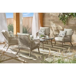Haymont 5-Piece Steel Wicker Outdoor Patio Conversation Deep Seating Set with Beige Cushions