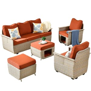 Sierra Beige 5-Piece Wicker Outdoor Patio Conversation Sofa Seating Set with Pet House/Bed and Orange Red Cushions
