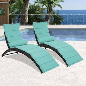 2-Piece Foldable Rattan Black Wicker Patio Outdoor Chaise Lounge Chair with Cushion in Blue