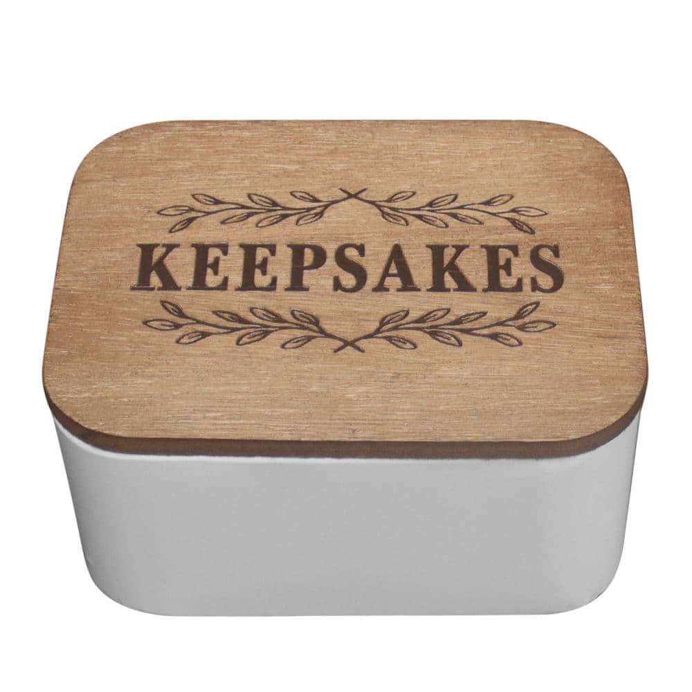 White and Brown Farmhouse Wood Keepsakes Storage Box with Engraved Lid