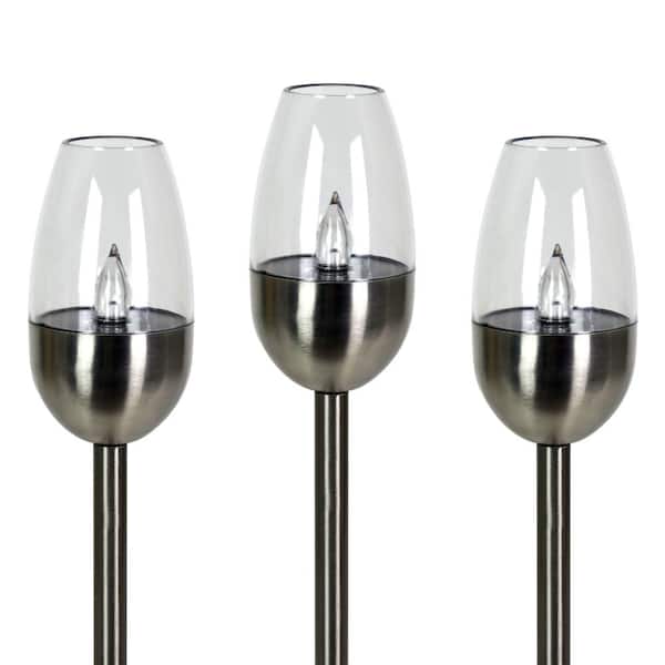 Exhart 1.28 ft. Silver Plastic Solar Candle Torch Garden Stakes (3-Pack)
