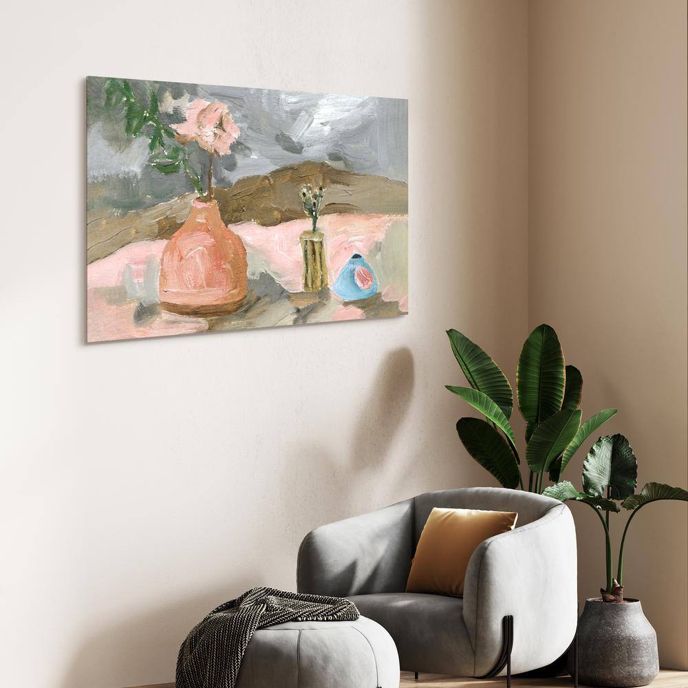 Rustic Still Life Glass Wall Art with Pink Vase and Flowers