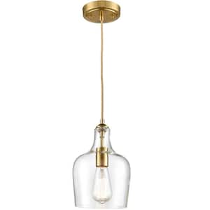 60 Watt 1 Light Gold Finished Shaded Pendant Light with Clear glass Glass Shade and No Bulbs Included