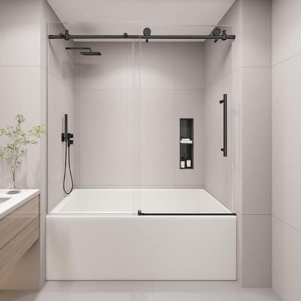 EASYWORC 55-60 in. W x 60 in. H Sliding Frameless Tub Door in