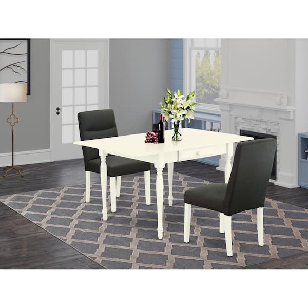 East West Furniture 3-Piece Linen White Finish Solid Wood Top With Dropleaf Dining Table Set