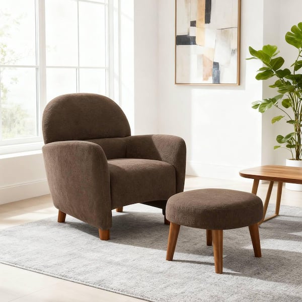 Irlane Modern Brown Fabric Upholstered Solid Wood Accent Arm Chair with Ottoman