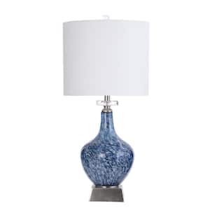 32 in. Marbled Blue Art Glass Body with Brushed Steel and Clear Acrylic Accents Indoor Table Lamp with Fabric Shade