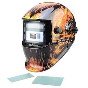 Auto-Darkening Welding Helmet with Shade Range 9-13 Solar Powered Lens, Flaming Skull Design