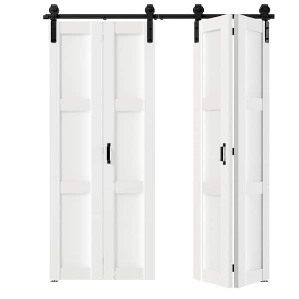 72 in. x 84 in. (36 in. W x 2) White, 3 Panel Finished, Paneled MDF, Bi-Fold Style Sliding Barn Door with Hardware Kit