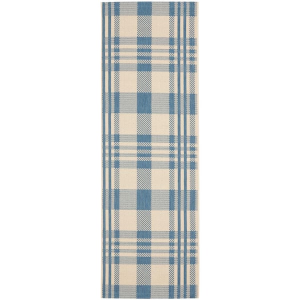 SAFAVIEH Courtyard Beige/Blue 2 ft. x 10 ft. Striped Indoor/Outdoor Patio  Runner Rug