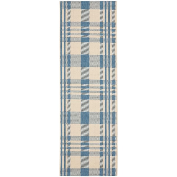 SAFAVIEH Courtyard Beige/Blue 2 ft. x 14 ft. Plaid Indoor/Outdoor Patio  Runner Rug