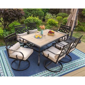 7-Piece Metal Patio Outdoor Dining Set with Cast Iron Swivel Chair with Beige Cushions