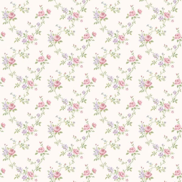 Unbranded Miniatures 2-Ivory/Pink/Lilac/Green Rose Floral Trail Design Matte Finish Non-Pasted Vinyl on Non-Woven Wallpaper Sample