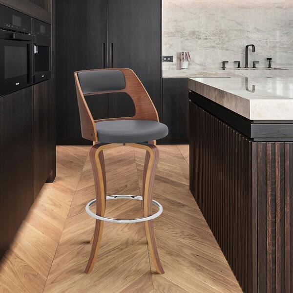 Armen Living Grady 26 in. Swivel Gray Faux Leather and Walnut Wood Bar Stool