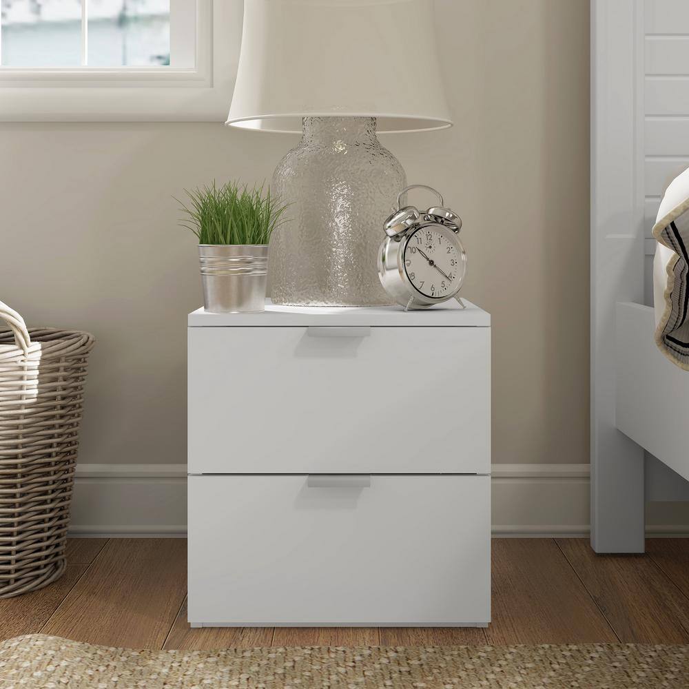 Matte White Modern 2-Drawer Nightstand with Silver Pulls