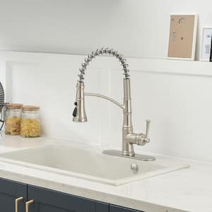 Single Handle Pull-Down Sprayer 3-Spray High Arc Kitchen Faucet with Deck Plate in Brushed Nickel