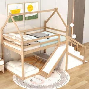 Natural Wood Frame Twin Over Twin House Bunk Bed with Slide and Storage Staircase