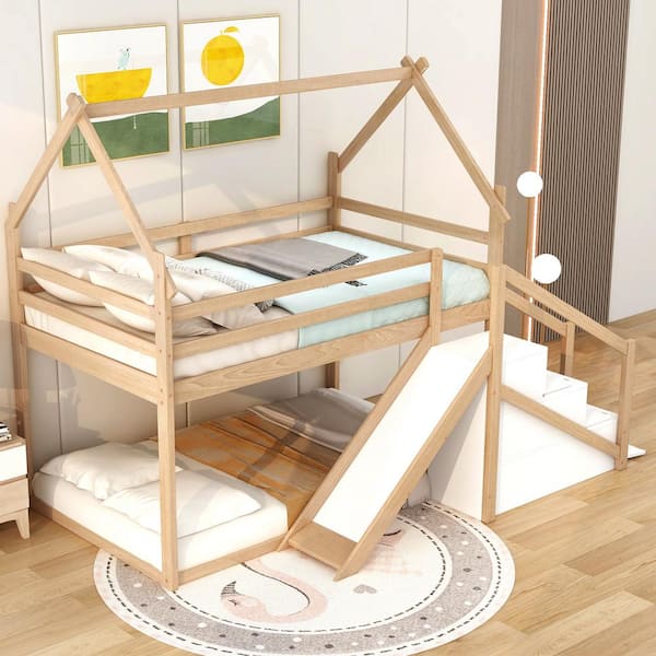 Harper & Bright Designs Natural Wood Frame Twin Over Twin House Bunk Bed with Slide and Storage Staircase