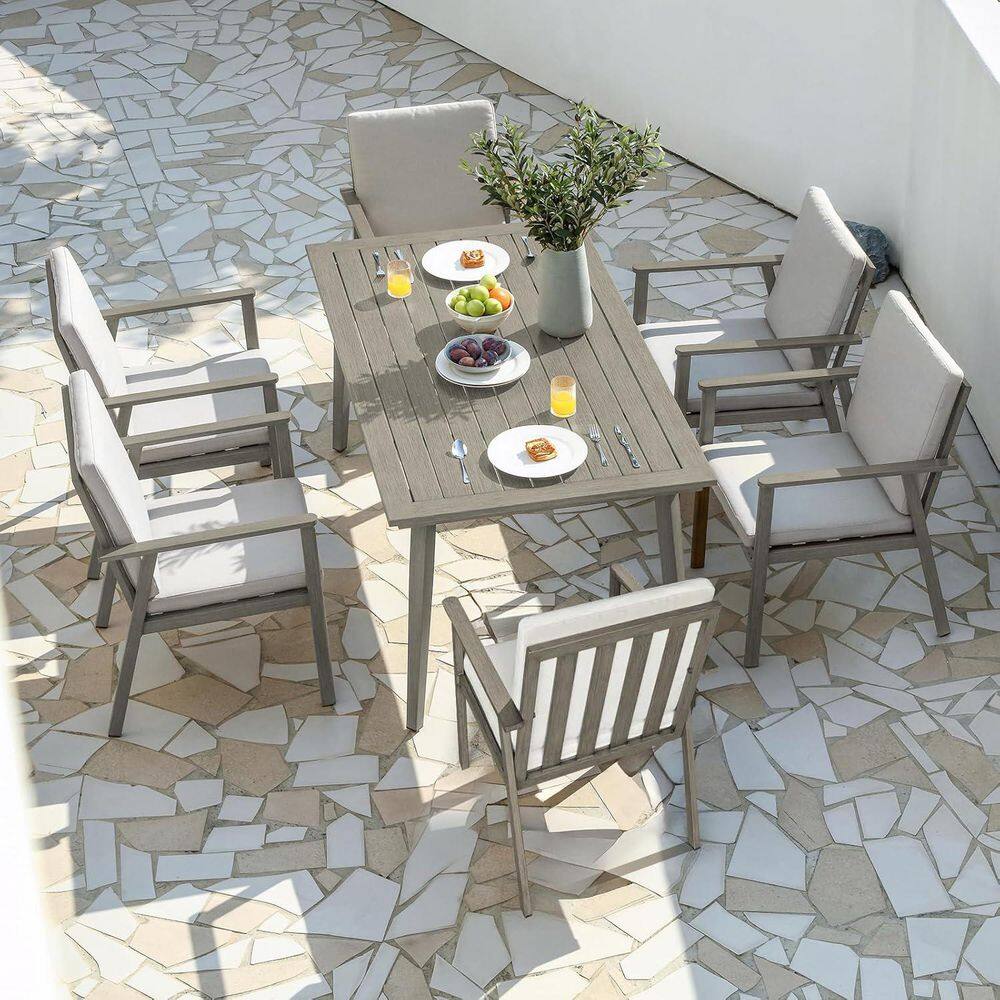Limed Oak Gray 7-Piece Aluminum Patio Furniture Set Outdoor Dining Set with White Cushion and Umbrella Hole price history on PriceWatchPro
