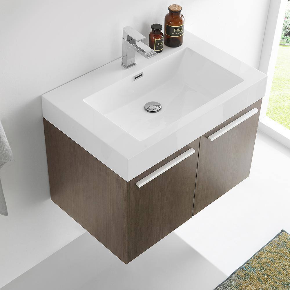 Gray Oak Wall-Mount Vanity with White Acrylic Sink