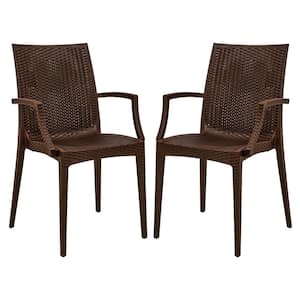 Brown Mace Modern Stackable Plastic Weave Design Indoor Outdoor Dining Chair with Arms (Set of 2)
