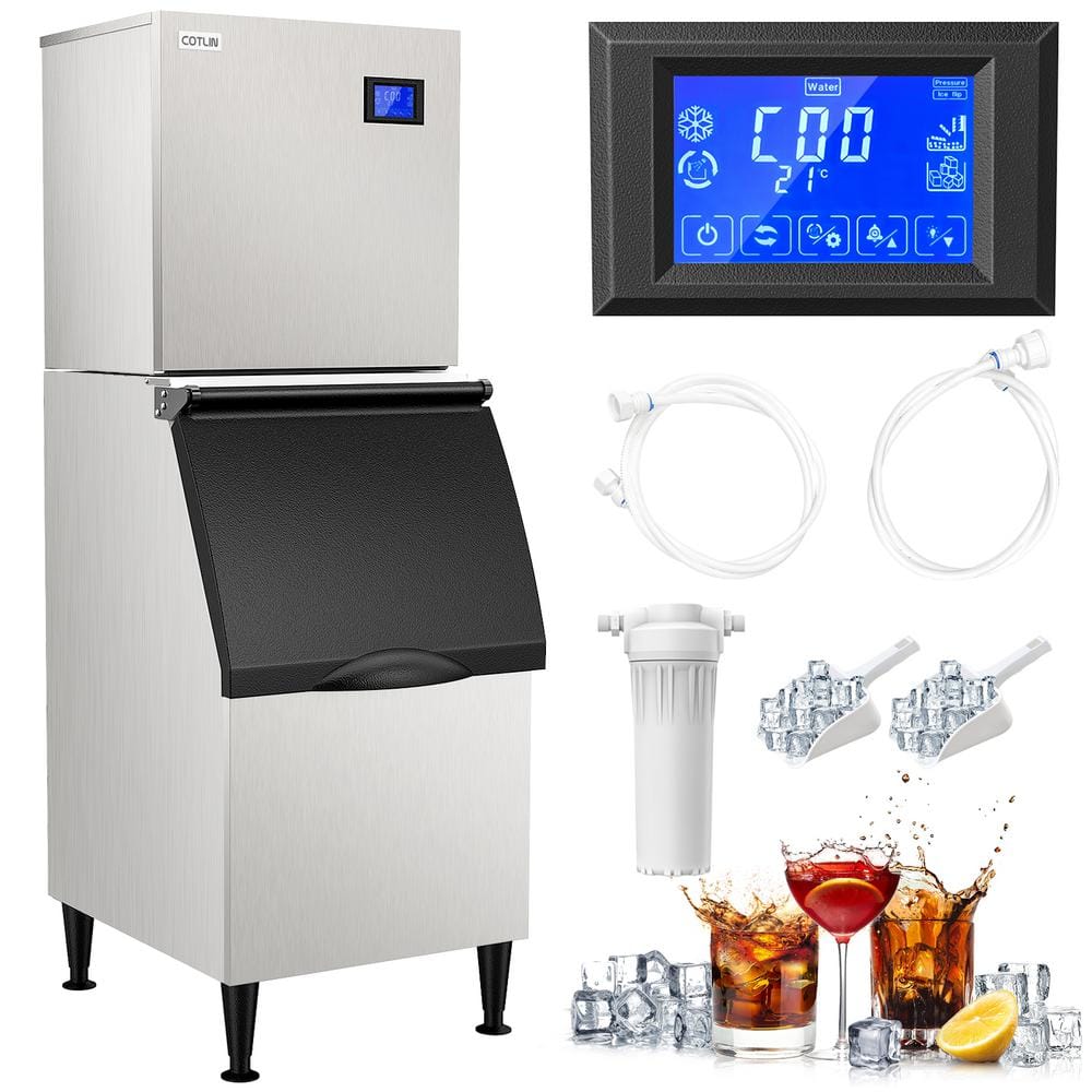 "22"" 400LBS-24H Adjustable Ice Cube Thickness Air Cooled Stainless Steel Commercial Ice Maker T60A, Silver"