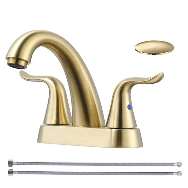 4 in. Centerset Deck Mount Double Handle Bathroom Faucet with Lift-Up Drain Included in Gold