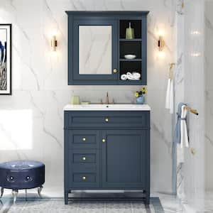 30 in. W Bath Vanity in Blue with Blue Wood Top and Mirror, Storage Cabinet with 2 Drawers and a Tip-out Drawer