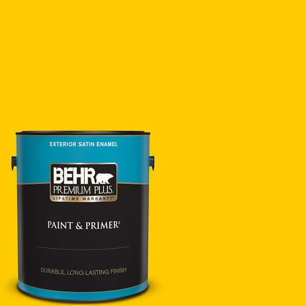 BEHR PREMIUM PLUS 1 gal. #370B-7 Yellow Flash Satin Enamel Exterior Paint & Primer