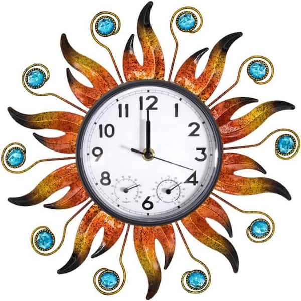 13in Sun Outdoor Clock with Thermometer and Hygrometer, Silent Wall Clock