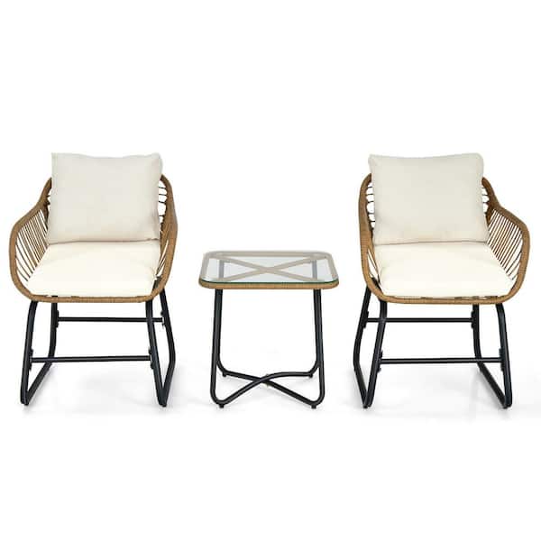 FORCLOVER 3-Piece Rattan Chairs and Square Patio Bistro Set with Beige Cushions and 2 Glass Coffee Table