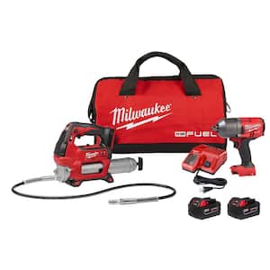 M18 FUEL 18V Lithium-Ion Brushless Cordless 1/2 in. High-Torque Impact Wrench with Grease Gun Kit, Resistant Batteries