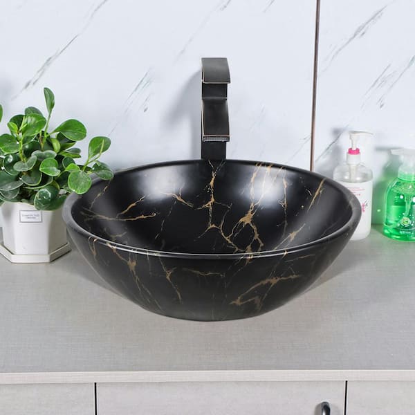 Maincraft Black Ceramic Round Vessel Bathroom Sink with Faucet and Hoses