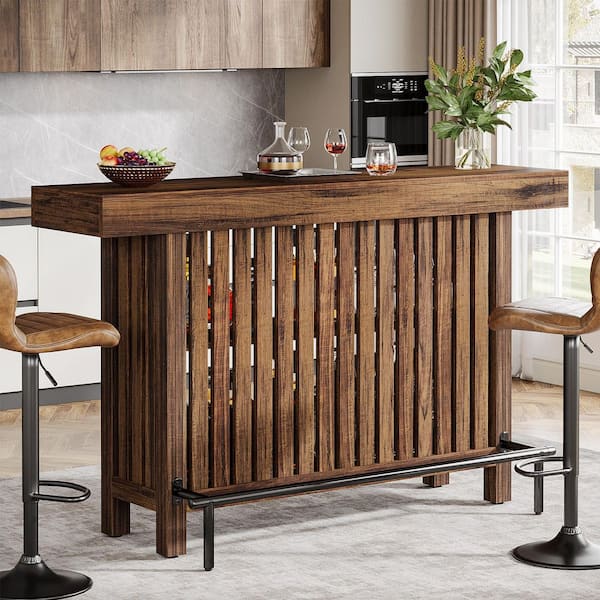 Adan 63 in. Home Brown Wood Modern 2-Tier Bar Table Footrest Corner Mini Coffee Bar Cabinet Bar Unit Modern Simple