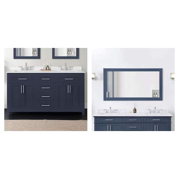 Beaufort 60 in. Double Sink Midnight Blue Bath Vanity with White Stone Top and 60 in. x 32 in. Mirror Combo