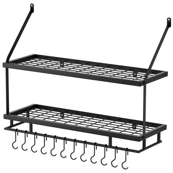 30-Inch Matte Black Wall-Mounted 2-Tier Kitchen Pot Rack with 12 Movable Hooks and Guard Rail