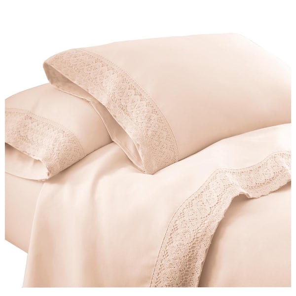 THE URBAN PORT Udine 4-Piece Pink Crochet Lace Microfiber King Size Sheet Set