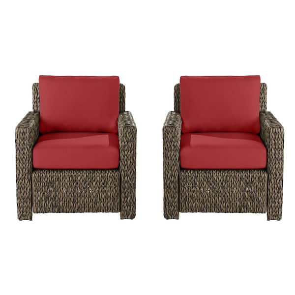 Hampton Bay Laguna Point Brown Wicker Outdoor Patio Lounge Chair with CushionGuard Chili Red Cushions (2-Pack)