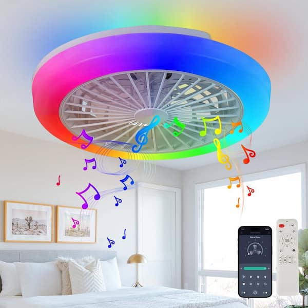Lumos 18 in. RGBW Smart Modern Scandi Flush Mount Fandelier, 6-Speed White Indoor Ceiling Fan with Light and Remote