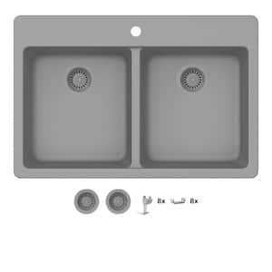 Stonehaven 33 in. Drop-In 50/50 Double Bowl Gray Ice Granite Composite Kitchen Sink with Gray Strainer